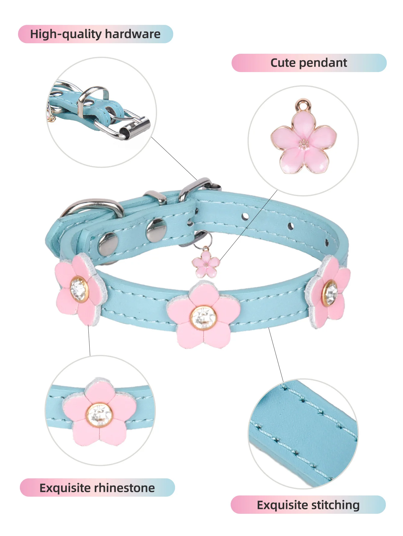 ECP007 -- cute flower design pet dog & cat collar durable pu leather and alloy buckle exquisite pendant dog collar pet collar