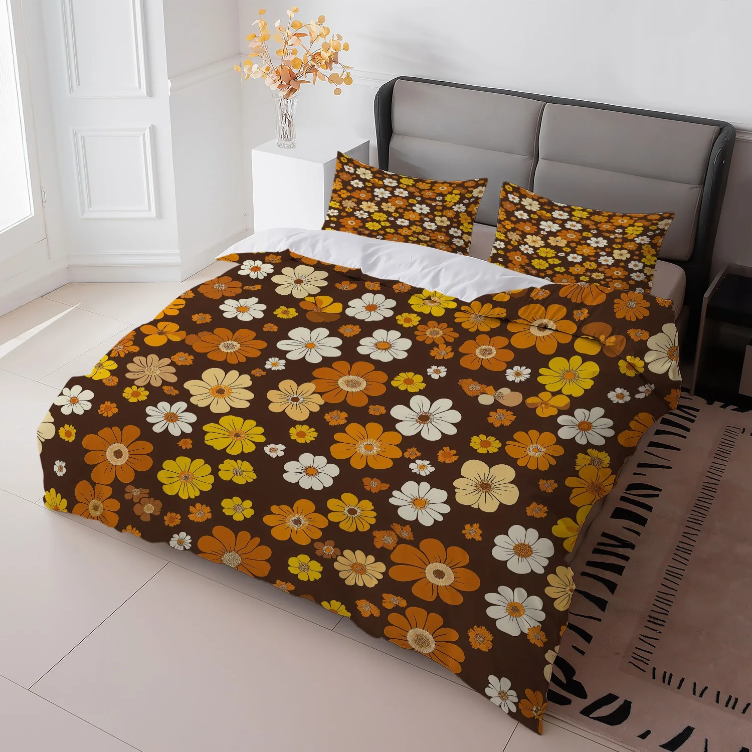 3Pcs Retro Floral Duvet Cover Set, Brown Orange Flower Print Polyester Bedding with Pillowcases, Machine Washable All Season