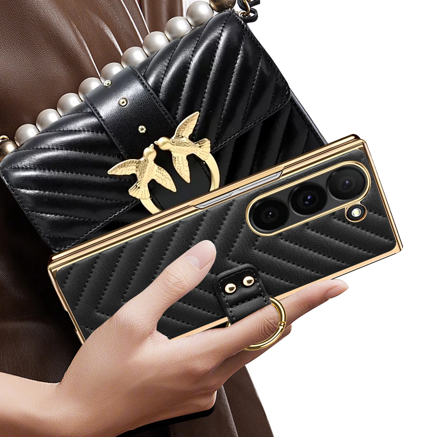 VIETAO For Samsung Galaxy Z Fold 7 Case With Ring Holder&Built-in Screen Protector Women Quilted Leather Z Fold 6 5 4 Phone Case | Gaffar India