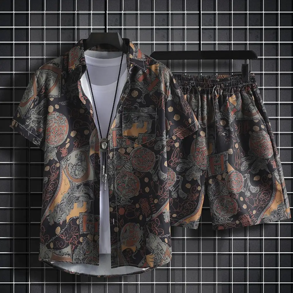 

Shirt Shorts Set Trendy Men's Summer Outfit Set with Lapel Shirt Drawstring Shorts Hawaii Print Casual Stylish Ensemble for Warm