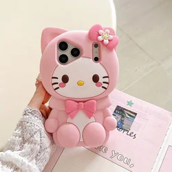 Bowknot Kitty Cat 3D Silicone Soft Phone Case - Protective Cover for iPhone 15 Plus (Pink)
