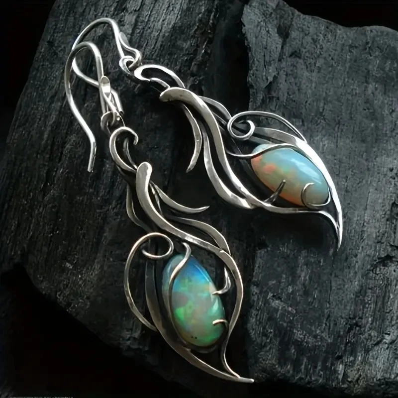 Bohemian Opal Dangle Earrings Elegant Silver Plated Jewelry For Holidays and Special Occasions E1238-1