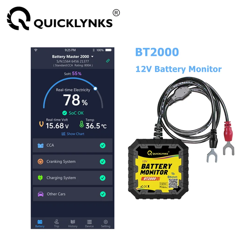 QUICKLYNKS BT2000 Bluetooth 4.0 12V Battery Monitor Car Battery