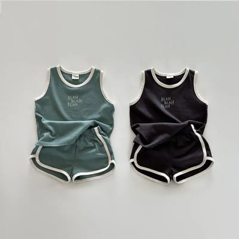 Summer New Children Sleeveless Set Boys Girls Cute Letter Print Vest + Shorts 2pcs Suit Thin Cotton Kids Casual Sports Outfits