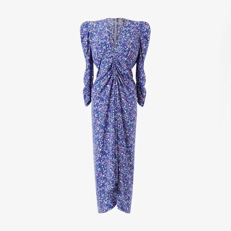 

2023 Summer Women Advanced Purple Shirt Design Slim V-Neck Printed Dress