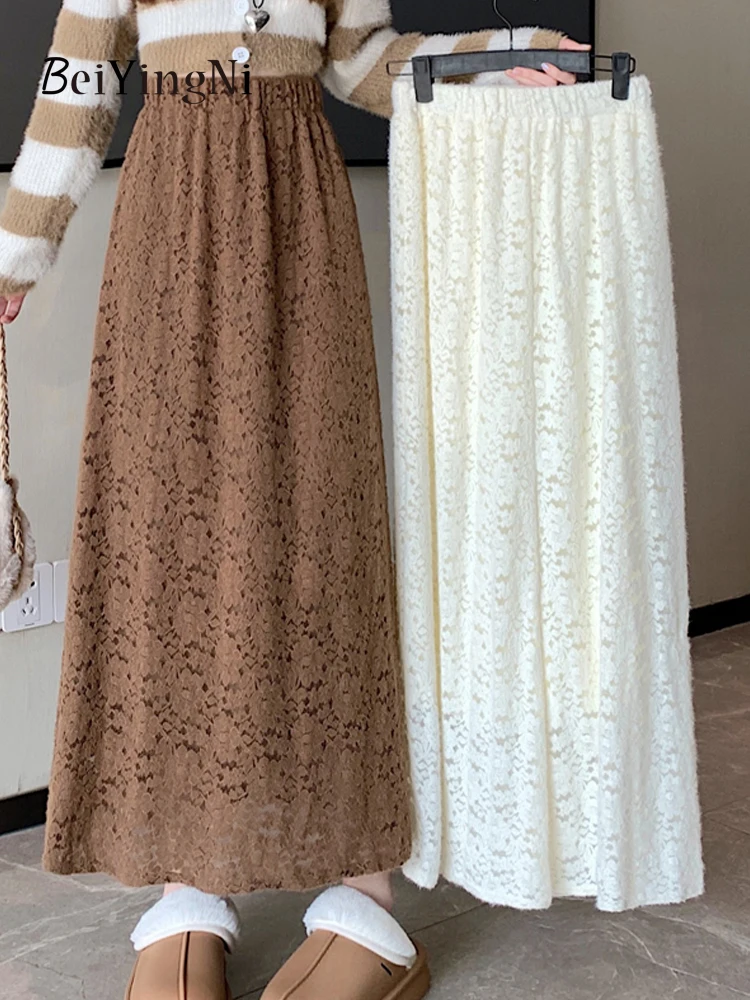 

Beiyingni Autumn Winter Fleece Thick Long Skirts for Women Lace Elegant Luxury Maxi High Waist Skirt Female Solid Color Faldas