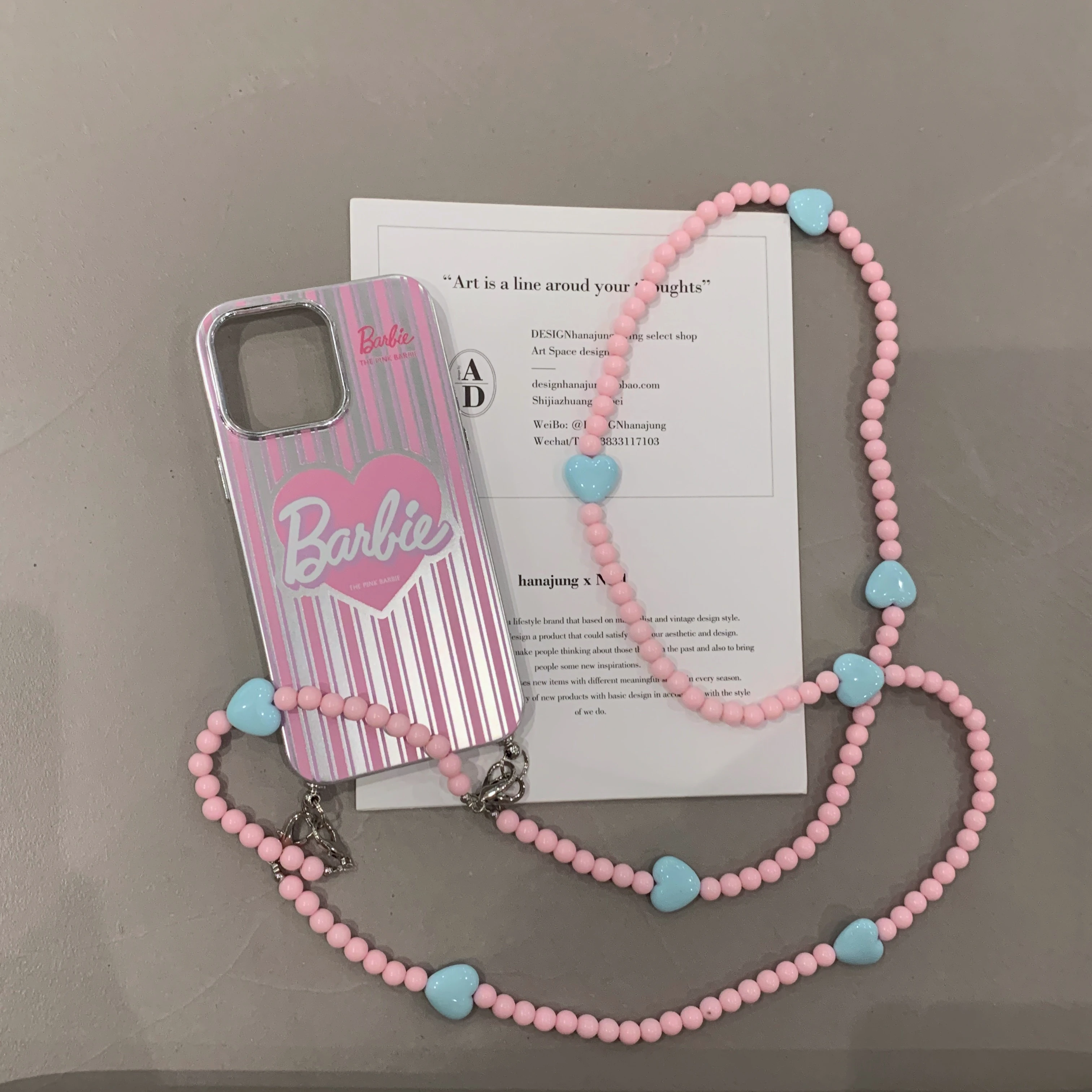 

Stylish Sweet Phone Case With Pink Love pattern And Beaded lanyard For IPhone 14 13 12 11 Pro Korean style Cover