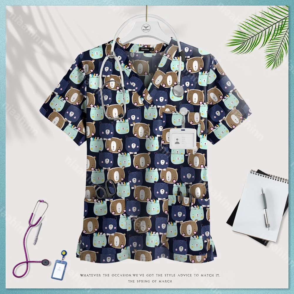 Жіночі скраб-топи з милим мультяшним принтом з V-подібним вирізом Робочі футболки на літо Уніформа для годуючих домашніх тварин Жіночі топи Аксесуари для медсестер