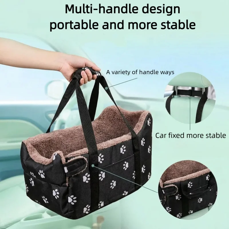 Pet Car Seat Dog Carrier Center Console Portable Safety Bed for Small Dogs Cats Travel Paw Print Design Soft Pet Supplies