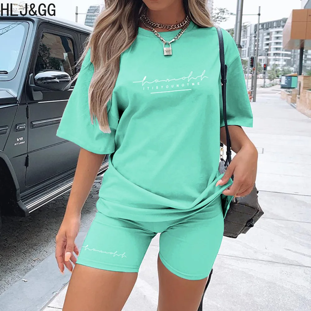 HLJ&GG Summer Letter Print Sporty Shorts Sets Women Short Sleeve Loose Tshirt And Biker Shorts Two Piece Tracksuits Streetwear