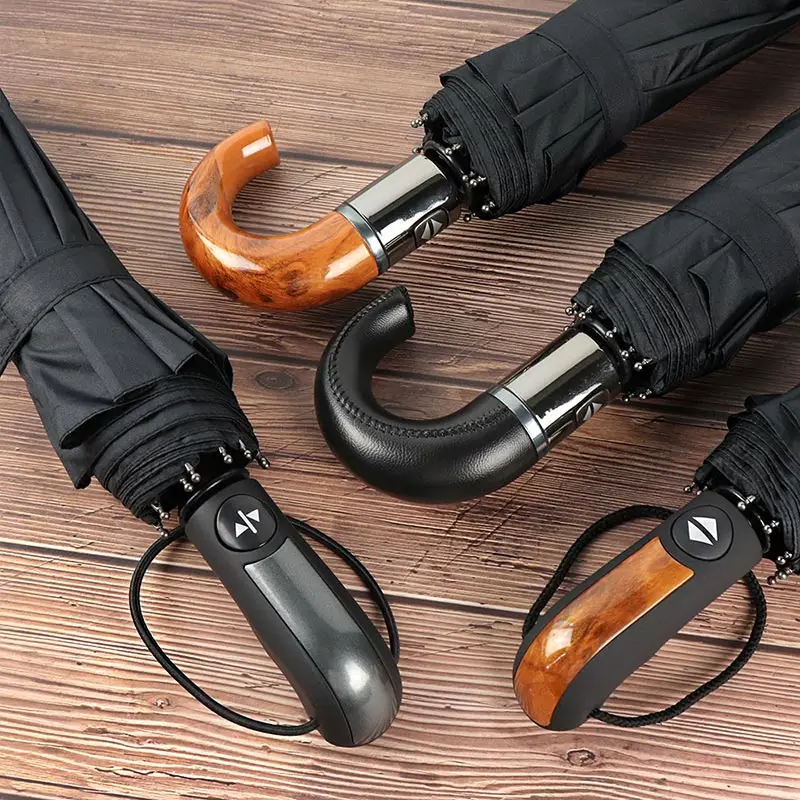 British Leather Handle Umbrella Men Automatic 10Ribs 3 Folding Windproof Umbrella Rain Woman Parasol