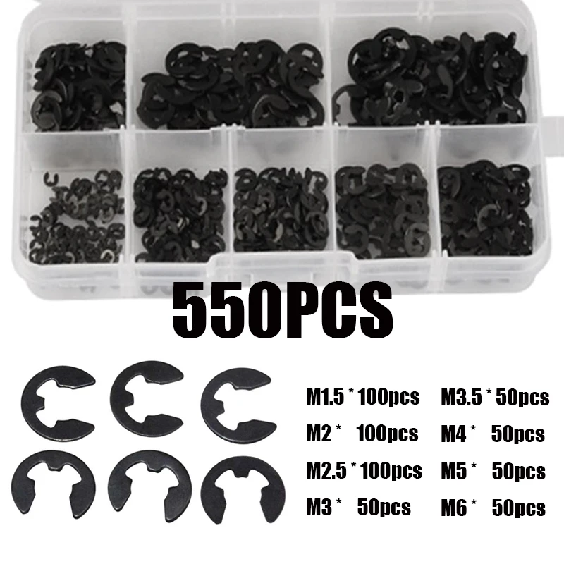 

550pcs Black Steel E-Clip Shaft External Retaining Ring Split Washer Snap Collar Clip Circlip M1.5 M2 M2.5 M3 M3.5 M4 M5 M6