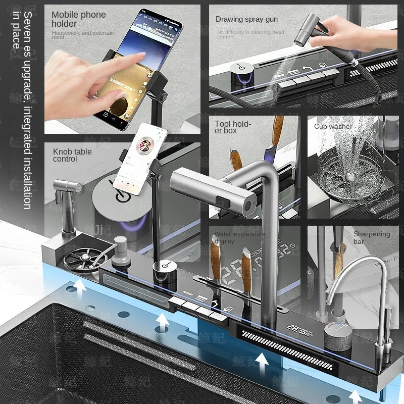 Kitchen Sink 304 Stainless Steel Waterfall Large Single Slot Digital Display Embossed Washing Basin Household Dishwashing