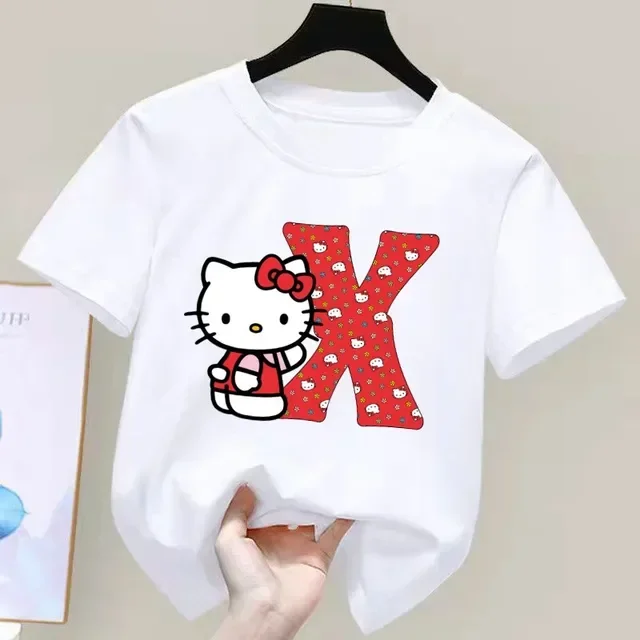 thumbnail image 1 of Camiseta de manga corta de algodón para niños con letras de la A a la Z de Hello Kitty Anime, Sanrio Summer Girly Heart, suave, kawaii, regalo de cumpleaños, camiseta para niños, 1 of 5
