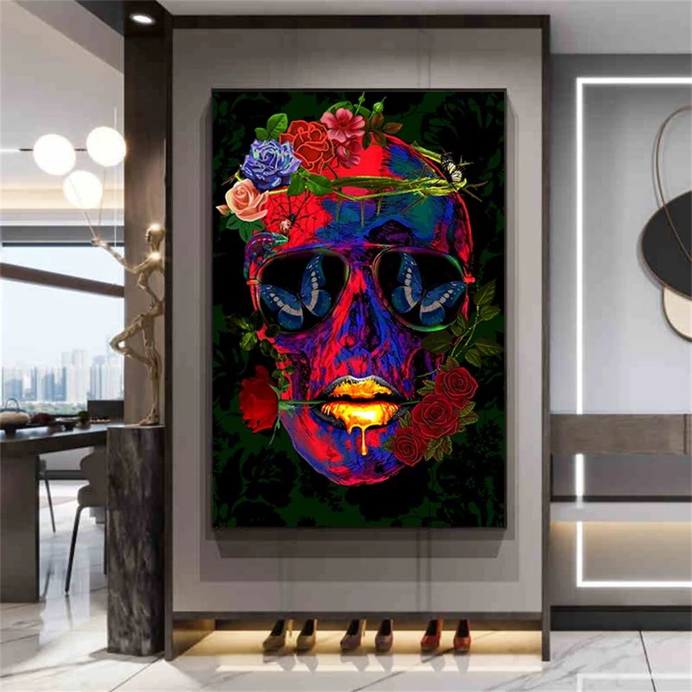 

Flower Gold Lips Skull Art Posters Prints Cool Luxury Skull Canvas Painting Wall Art Picture for Living Room Home Decoration