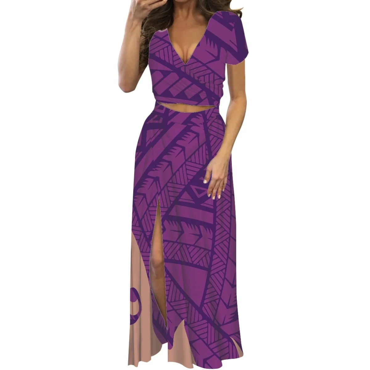 

Women's Casual Two-Piece Dress, Long Dress, Purple Fire, Tongan Totem, Tattoo Prints, Short Sleeve, Elegant Fashion, Party Dress