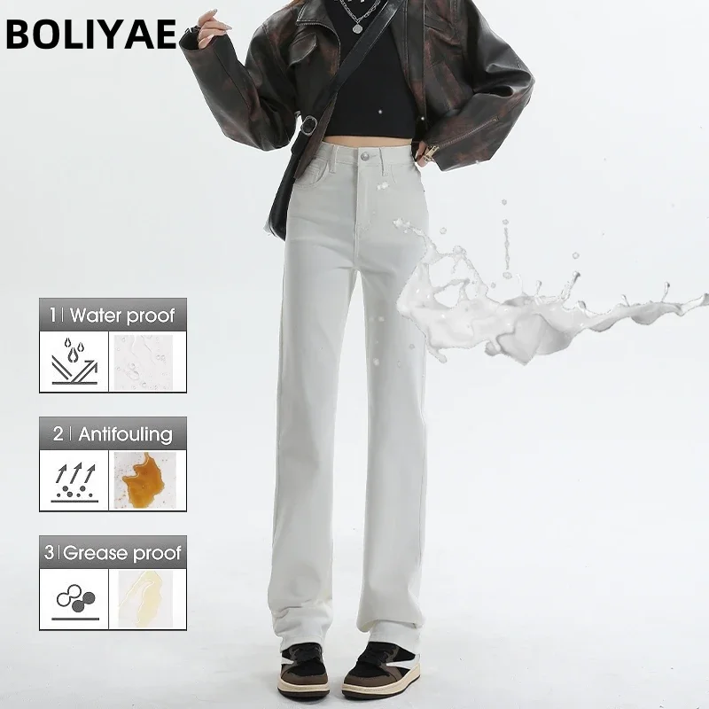 Boliyae High Waist Slim Elastic Jeans Women Water Proof Antifouling Grease Proof Denim Pants Y2K High Street Straight Trousers