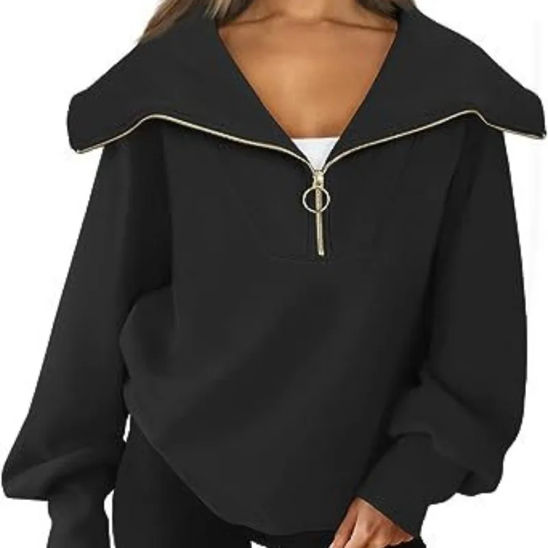 Autumn and Winter Women's Solid Color Pullover Lapel Zipper Long Sleeve Sports Hoodie Fashion Elegant Casual Office LadyTops
