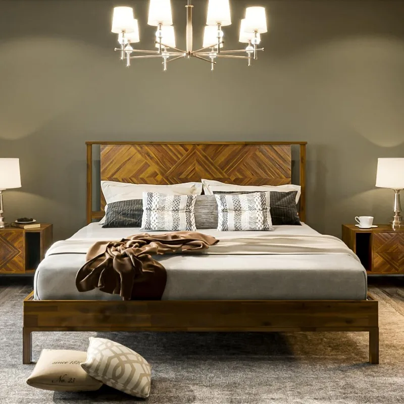 

Ethan Solid Wood King Bed Frame with Diamond Headboard - Rustic & Mid-century Modern - Acacia Wood Platform Bed