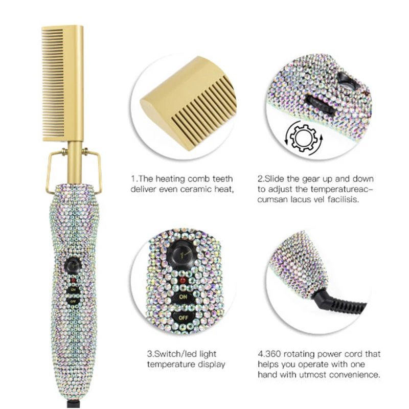 Electric Heating Comb Hair Straightening Rhinestone Hot Comb Curling Iron Heated Brush Peigne Chauffant Cheveux Peigne chaud 4