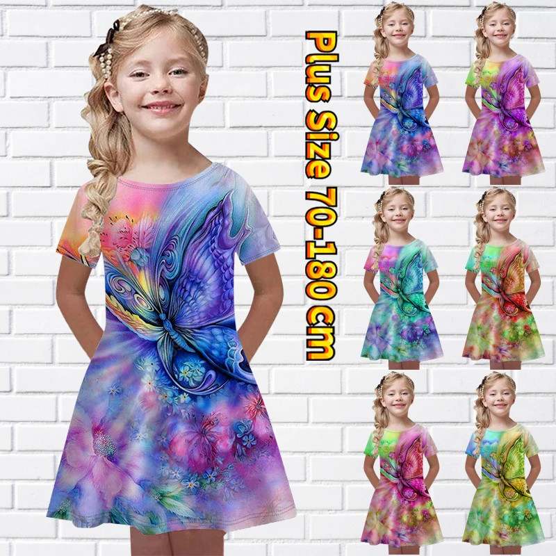 

Платье для маленьких девочек 2022, летняя свободная юбка миди с круглым вырезом, модное Повседневное платье с цветочным принтом и коротким рукавом, Юбка До Колена