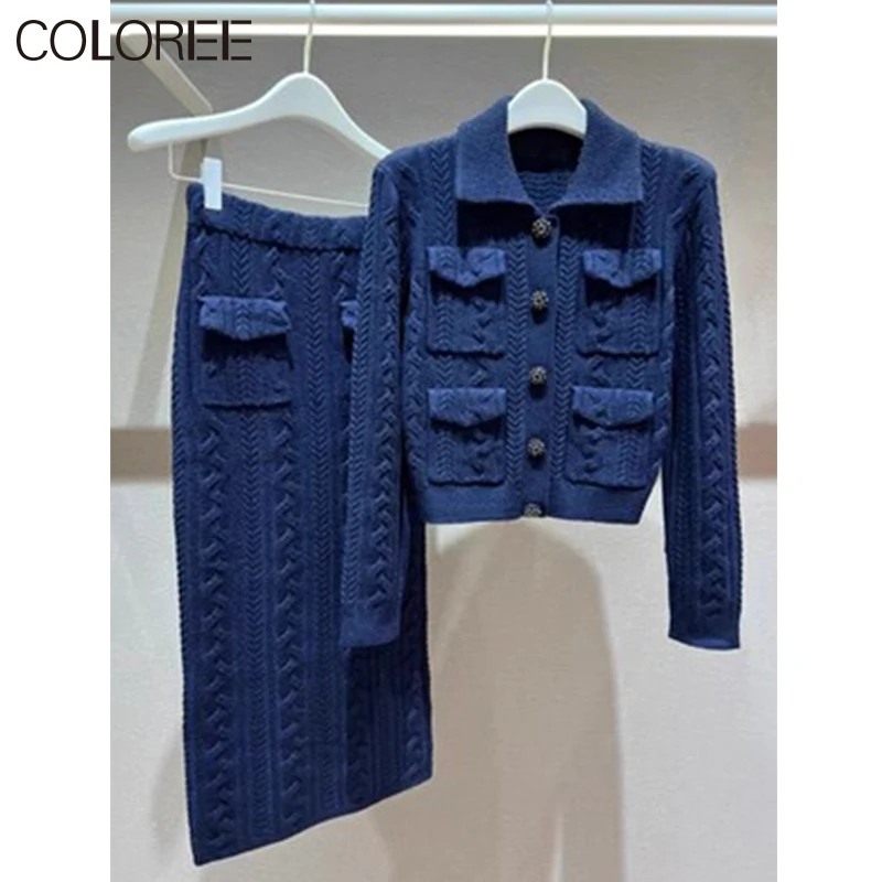

2024 Spring Navy Knitted 2 Piece Sets Women Outfit Vintage Elegant Sweater and Midi Skirt Two Piece Set Korean Fashion Outfits