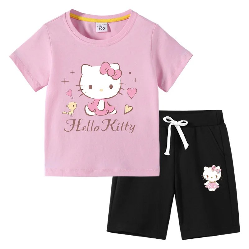 

Sanrio Anime Short Sleeved Suit Kawaii Kuromi Cinnamoroll Hello Kitty Y2K Summer Clothing Casual T-Shirt Shorts Two-Piece Gifts