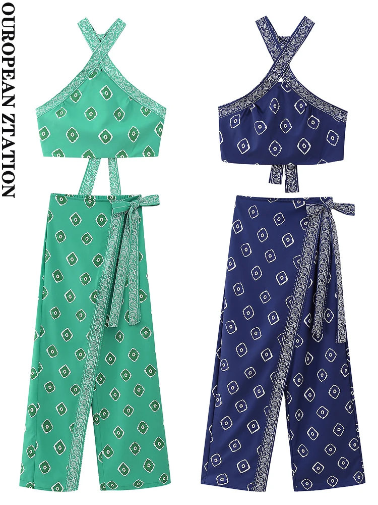 

PAILETE Women 2023fashion with bow tied print halterneck tank tops or high elastic waist side zipper pants two pieces sets mujer