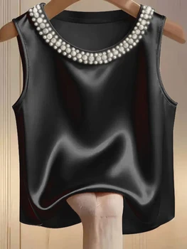 Ladies' Spring/Summer New High end Solid Color Pearl Round Neck Sleeveless Satin Top Tank Top 1