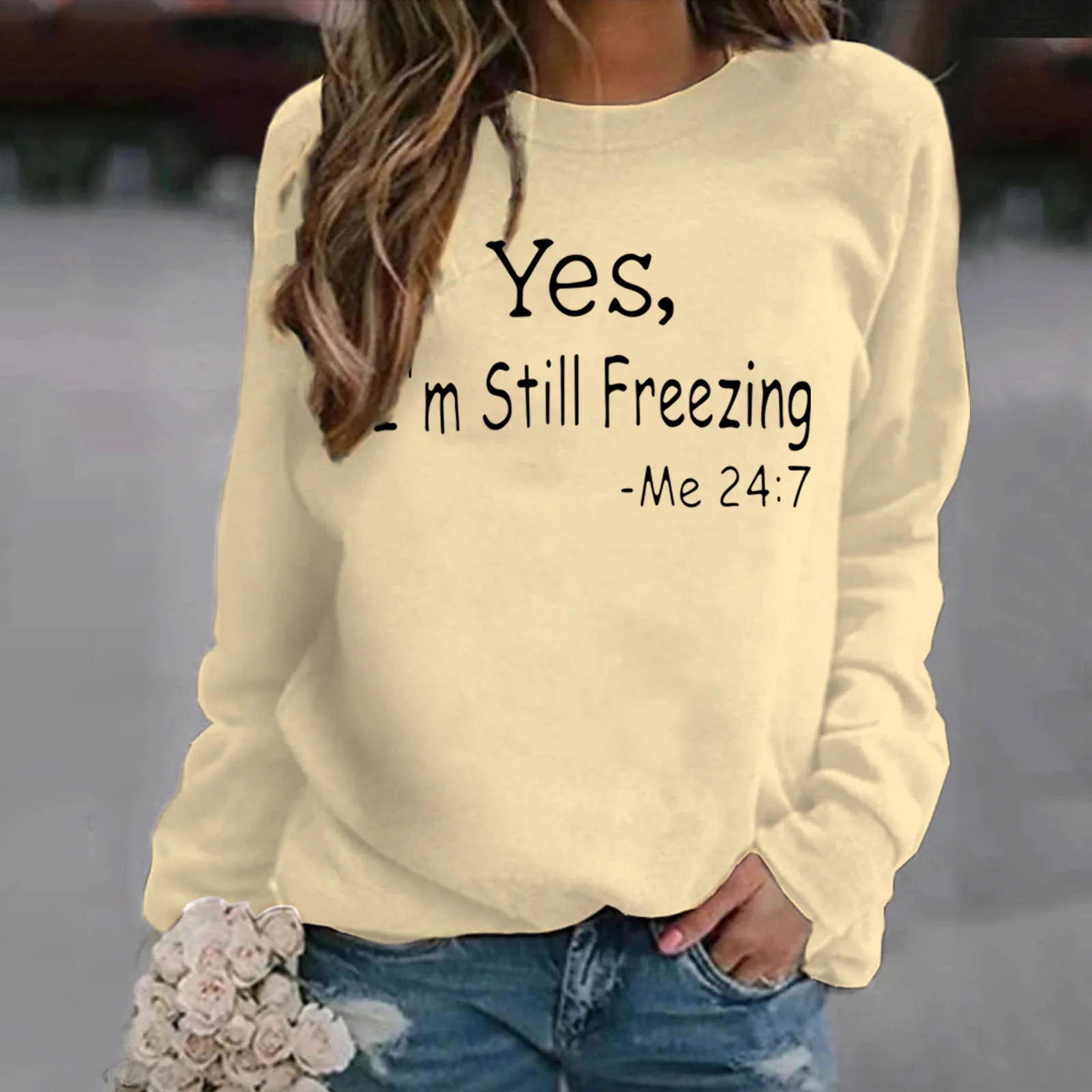 Winter Fashion Plus Size Loose Sports Long Sleeve Crew Neck Cotton Sweatshirt YES I'M STILL FREEZING 2023 Women's Top