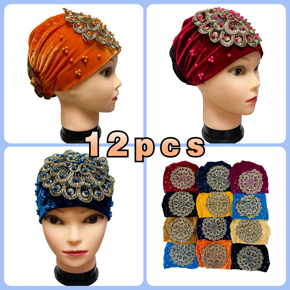 

12pcs Wholesale Fashion Muslim Female Turban Hat Bonnet Gold Velvet Hot Rhinestone Solid Indian Beanie Hair Bonnet Cap For Women