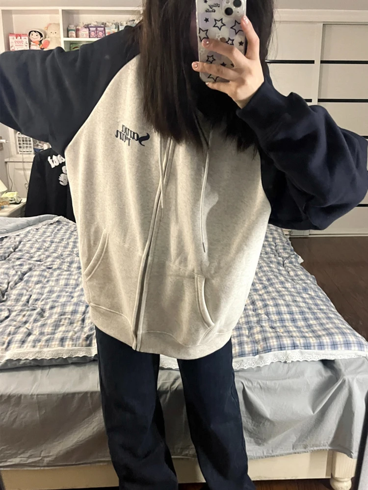 

Oversized Hoodie Women Vintage Hooded Sweatshirt Ladies Korean Style Zipper Hoodies Female Harajuku Kpop Long Sleeve Coats