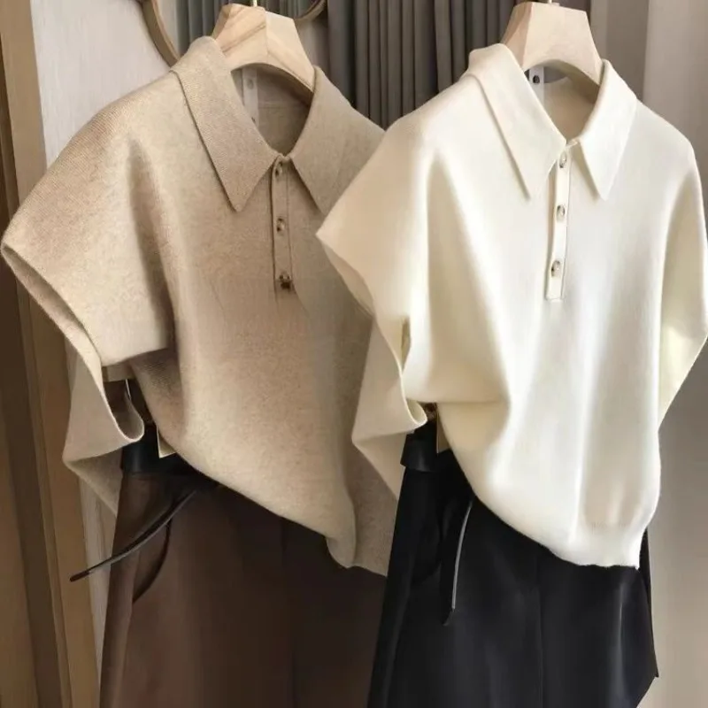 

New Spring Clothing Short Sleeve Sweater Women Wool Knitwears Lapel Knit Pullovers Woolen Jumpers Tops Korean