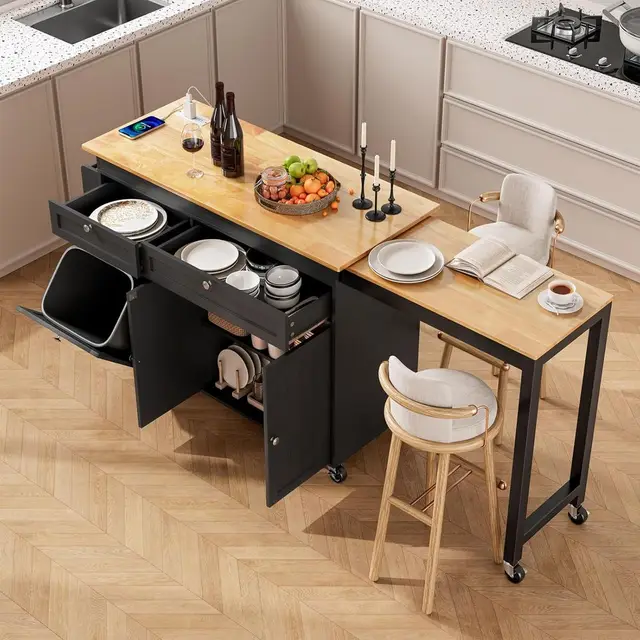 Kitchen Islands with Extendable Dining Table, 81.7" Mobile Kitchen Storage Islands, Rolling Kitchen Cart with Trash Cabinet