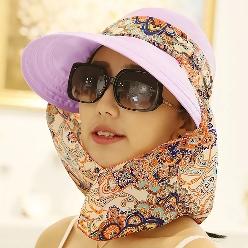 Women Anti-UV Sun Hat Beach Foldable Floral Print Wide Brim
