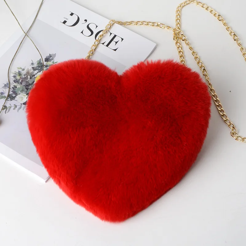 Fashion Women Heart Shaped Handbags Cute Kawaii Faux Fur Crossbody Bags Wallet Purse Plush Chain Shoulder Bag crossbody bag handbag tote bag