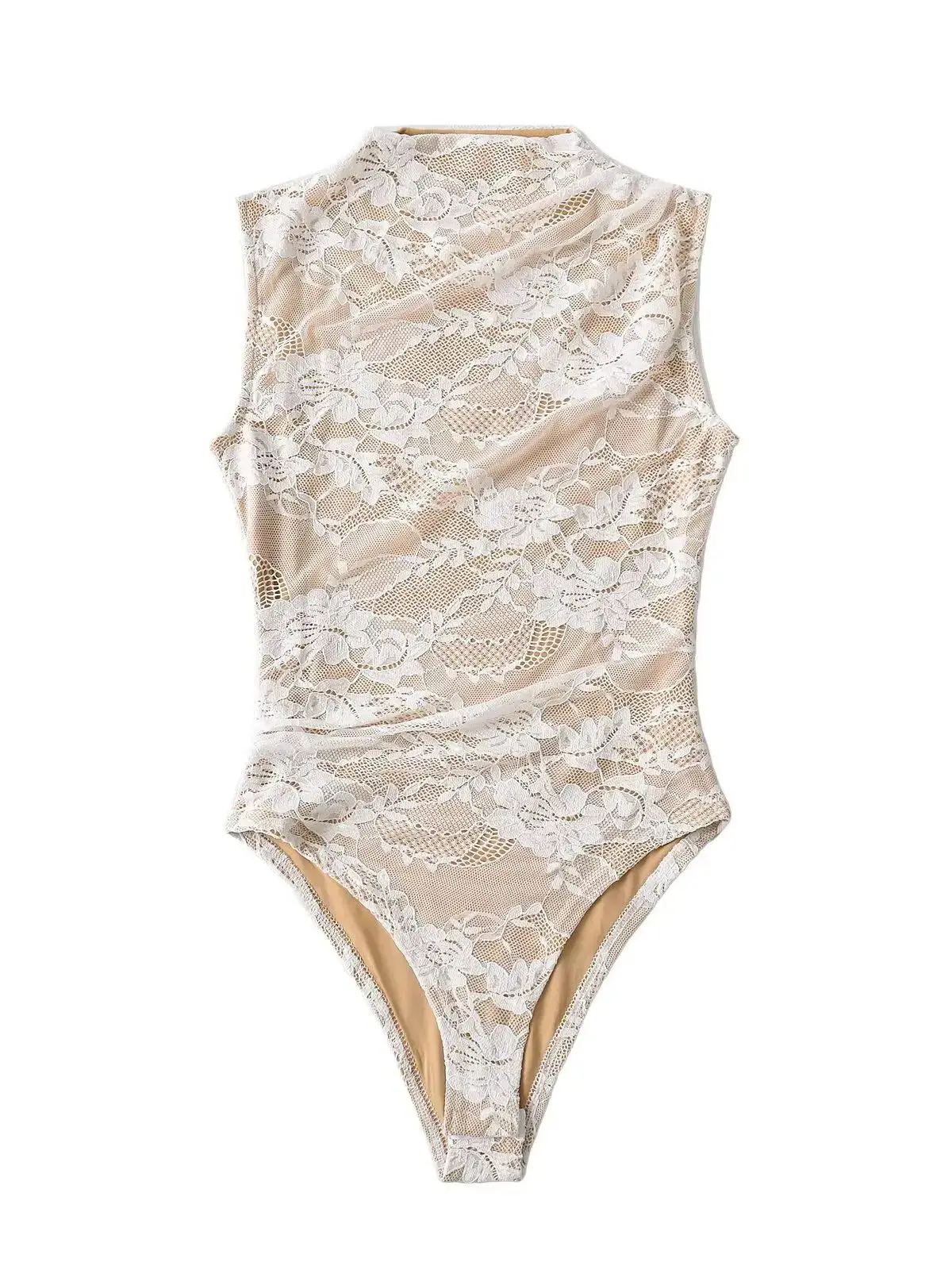 2025 Women's Summer Elegant Beige Black Sleeveless Lace Bodysuits Lady Luxury High Quality Street Bodycon Rompers Jumpsuits Tops