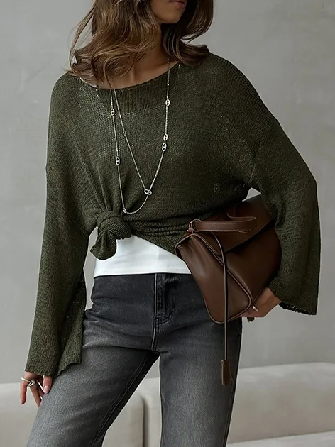 Bornladies Simple Solid Color Long Sleeved Sweater Women's Spring Knitted Hollow Top Loose Versatile Casual Sweater Pullovers