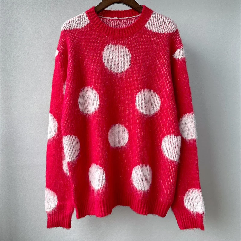 

Marni Red Round Neck Sweater White Dot Knitted High Street Super Loose Fashion Couple Long Sleeve Sweater