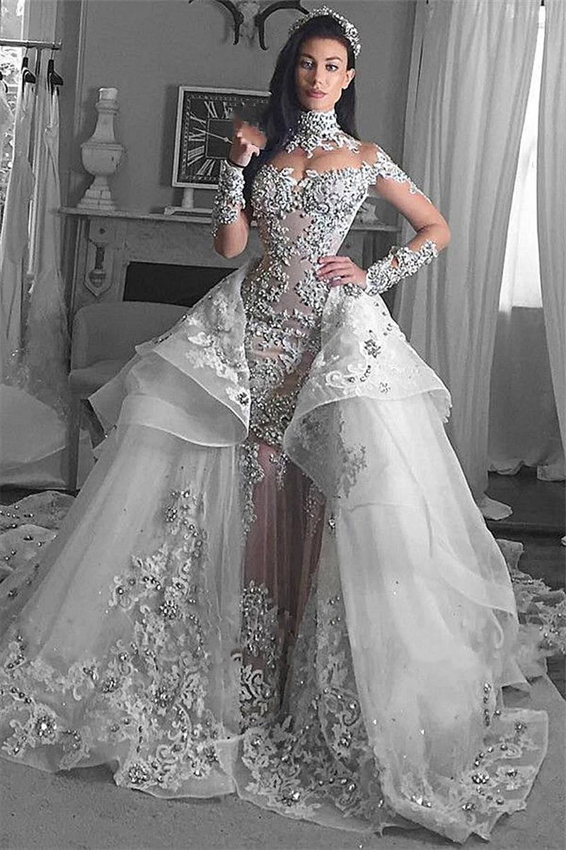 

Luxury 2 in 1 Wedding Dresses Crystals Beaded Long Sleeves Ivory Tulle Bride Gown Lace Applique High Neck Elegant Vestido