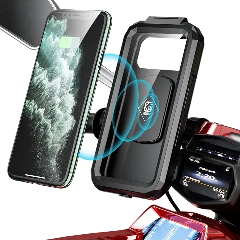 

Waterproof Case 12V Motorcycle Handlebar or Rear-View Mirror Wireless Charger 15W Qi/ Type C PD Fast Charging Phone Mount Holder