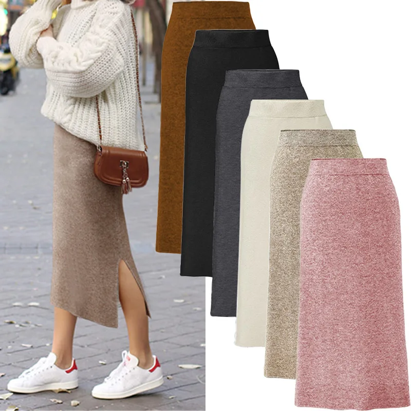 Women's Autumn/winter Knit Bodycon Skirt Medium-length High-waisted Thickened Side Slit Step-length Skirt