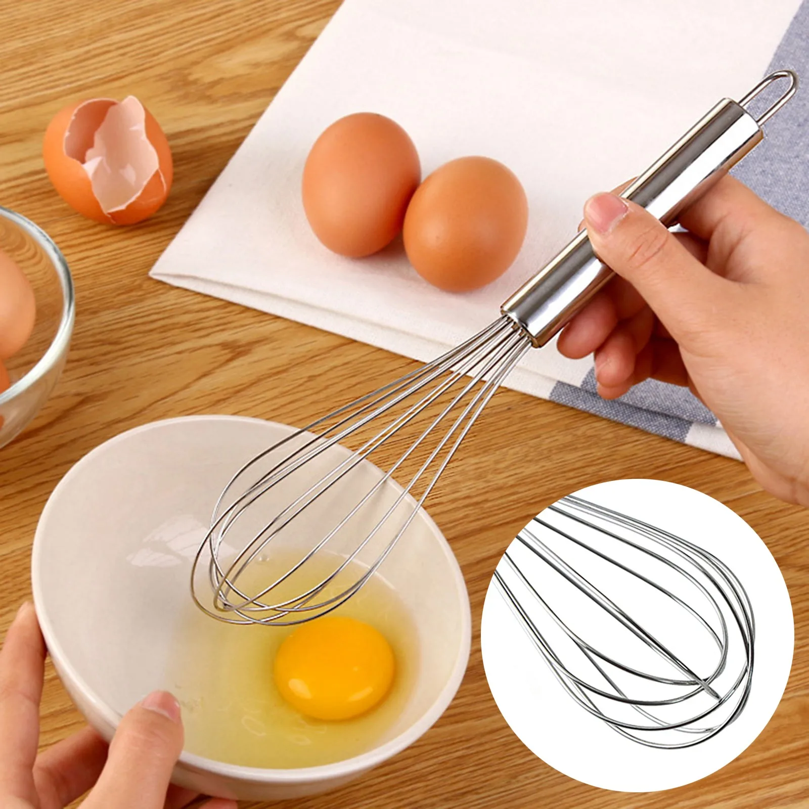 2PC Handle Whisk Stainless Steel Kitchen Mixer Wire Whisk Tool
