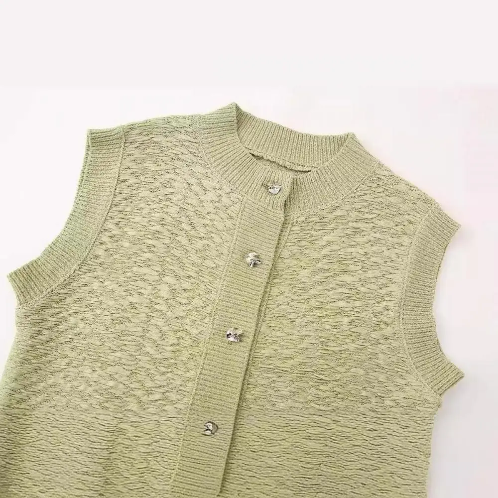 Women Green Knitted Sweater Vest Fashion O-Neck Sleeveless Button Waistcoat Cardigan Vintage Korean Casual Street Jacket Jumper