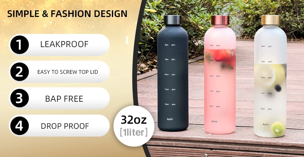 1L large water bottle fitness sports outdoor travel water mug with water level kettle bPA-free frosted leakproof plastic cup