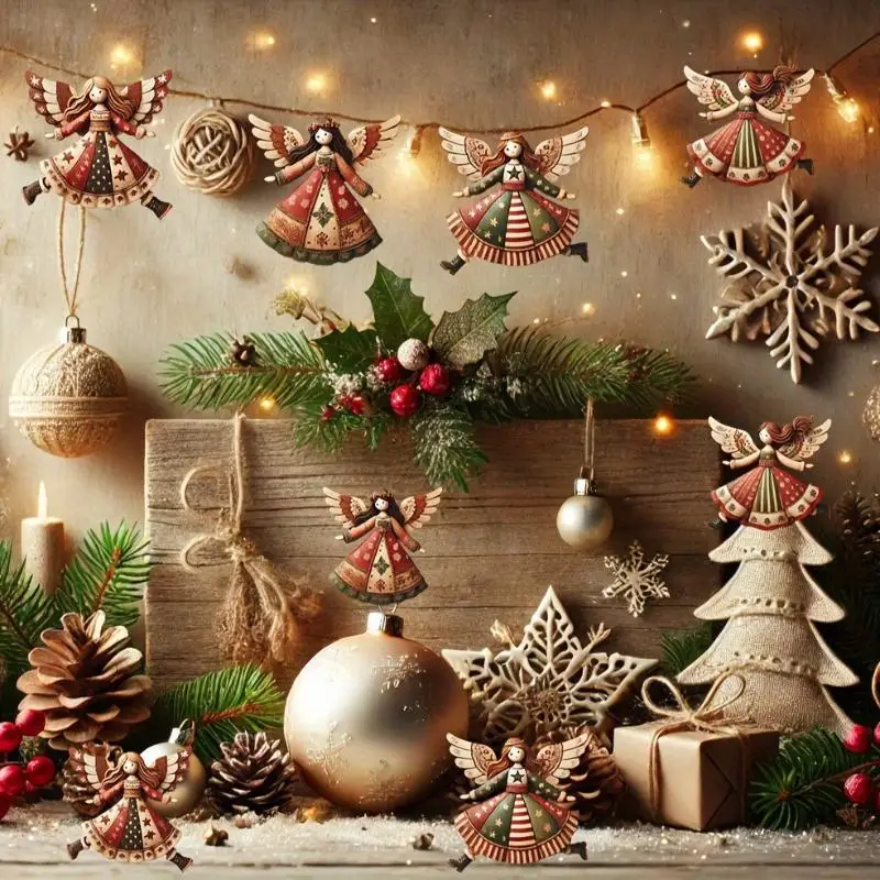 4pcs Handmade Wooden Angel Christmas Ornaments- Multi-Color Festive Decor For Tree, Home & Offic Christmas Pendant