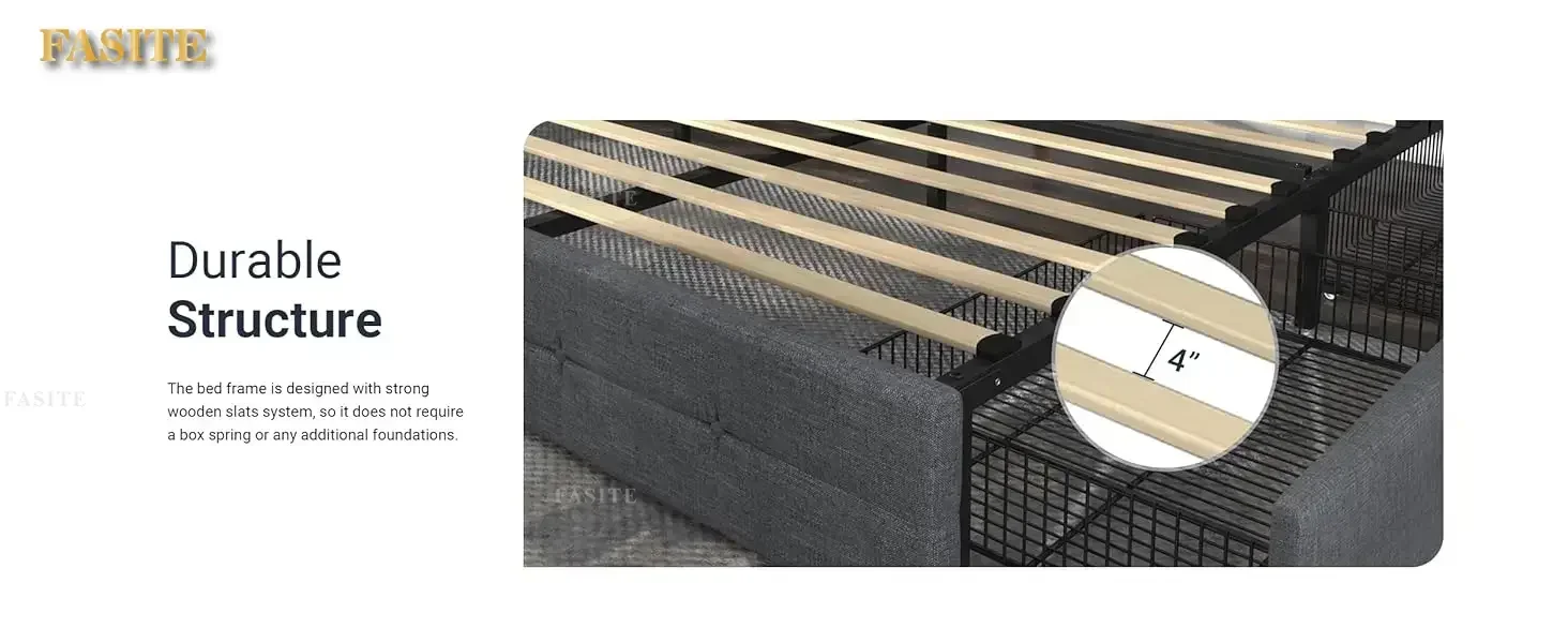 Upholstered King Size Platform Bed Frame with 4 Storage Drawers and Headboard, Square Stitched Button Tufted,Mattress Foundation