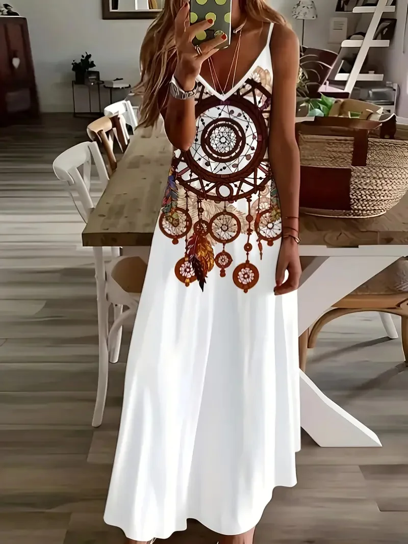 thumbnail image 1 of Falda de tirantes estilo bohemio de verano para mujer, vestido informal holgado de corte A largo, elegante y nuevo para playa., 1 of 4
