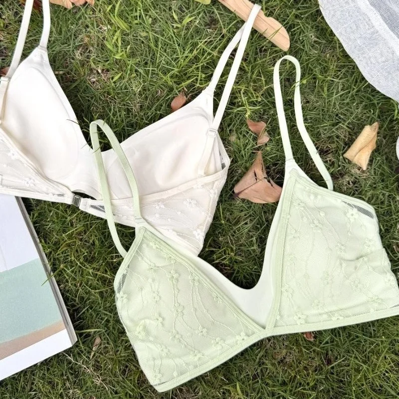 Lingerie di pizzo per l'estate da donna, sottile, busto grande, dimagrante, curva in pizzo, coppa triangolare, bella schiena, reggiseno senza cuciture - immagine 2