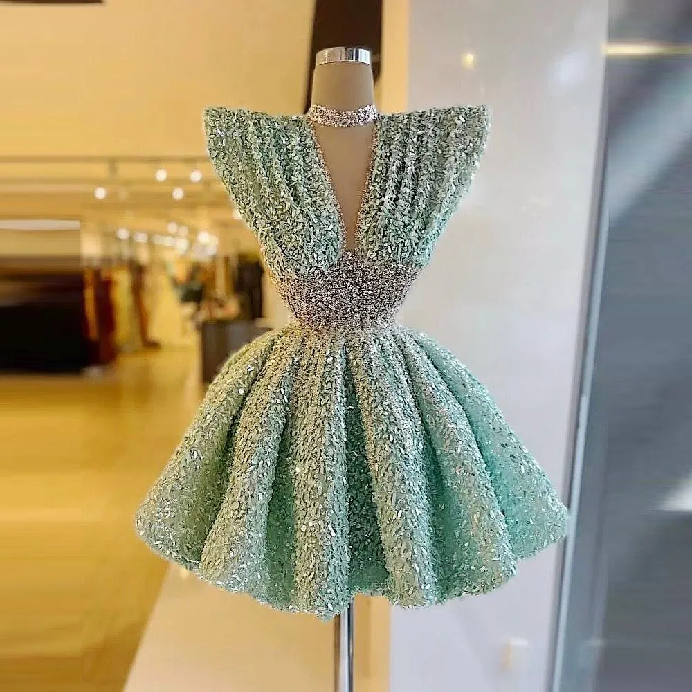 Evening Dresses Cocktail Dress Sequined Sage Cocktail Party Dress High Neck Beads Sequins A Line Short Prom Dress Yong Girls Birthday Gowns for Photo Shoots